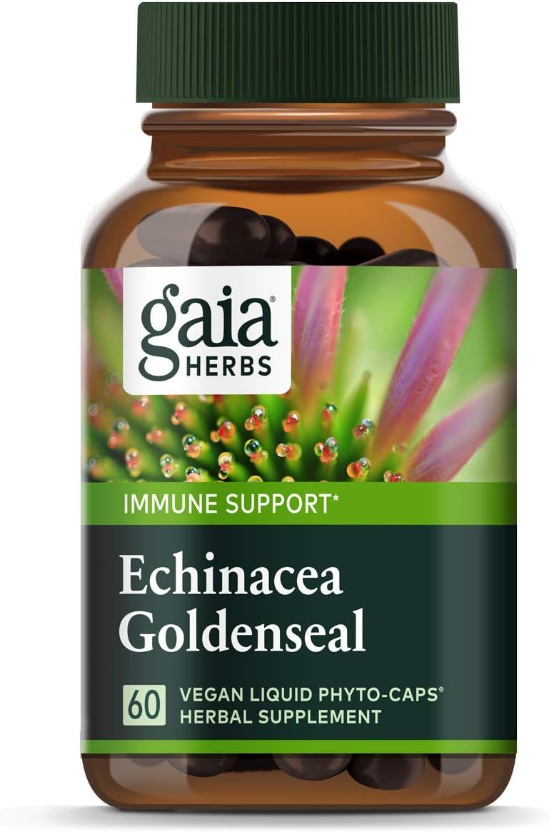 Gaia Herbs Echinacea Goldenseal, Vegan Liquid Capsules, 60 Count - Immune Support and Healthy Inflammatory Response During Seasonal Stress, Made with Organic Echinacea: Health & Personal Care
