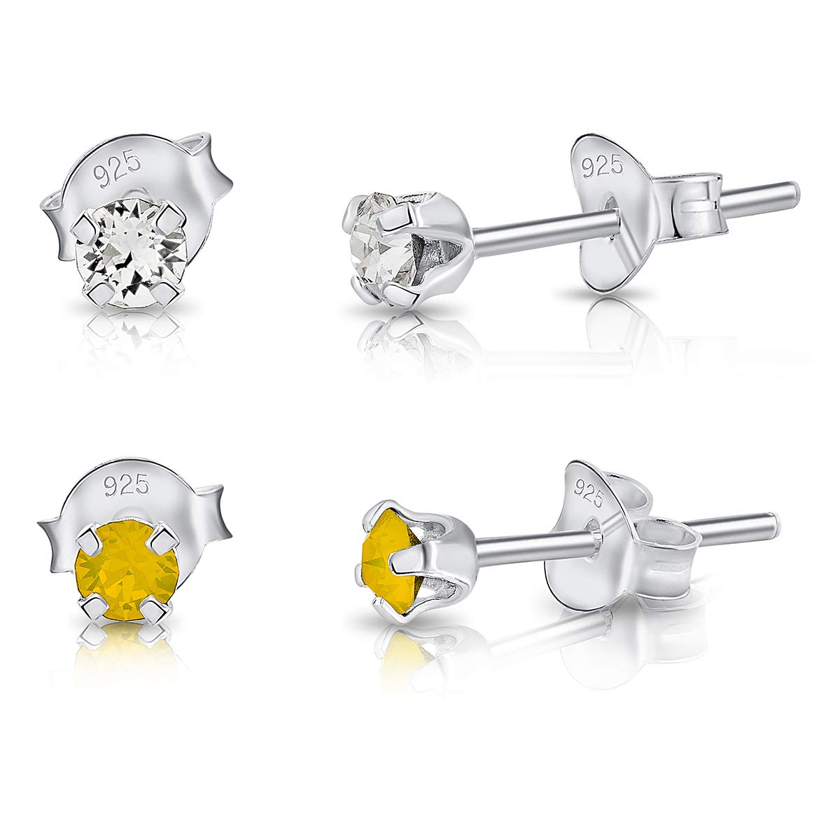 DTPSilver - Set of 2 PAIRS of 925 Sterling Silver Round TINY Stud Earrings made with Glittering Crystals from Swarovski® Elements - Diameter: 3 mm - Colour : Yellow Opal