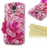 S5 Case-Mavis's Diary 3D Handmade Pink Crystal Rose Rhinestone Diamond Design Hard Cover Case with Soft Clean Cloth (Samsung Galaxy S5 I9600)