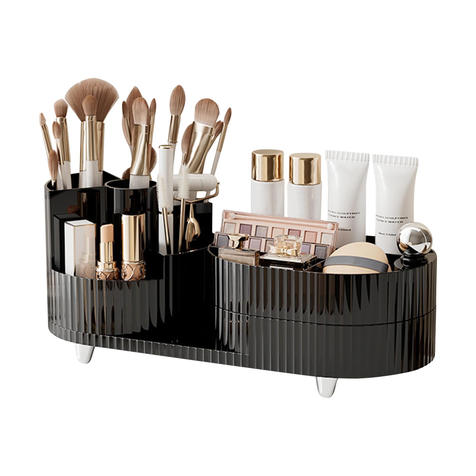 DASITON Makeup Organiser with Drawer, 360° Rotating Makeup Brush Holder, Makeup and Skincare Storage for Vanity, Desktop, Bathroom Countertop, Dressing Table Storage Organiser (Black 01)