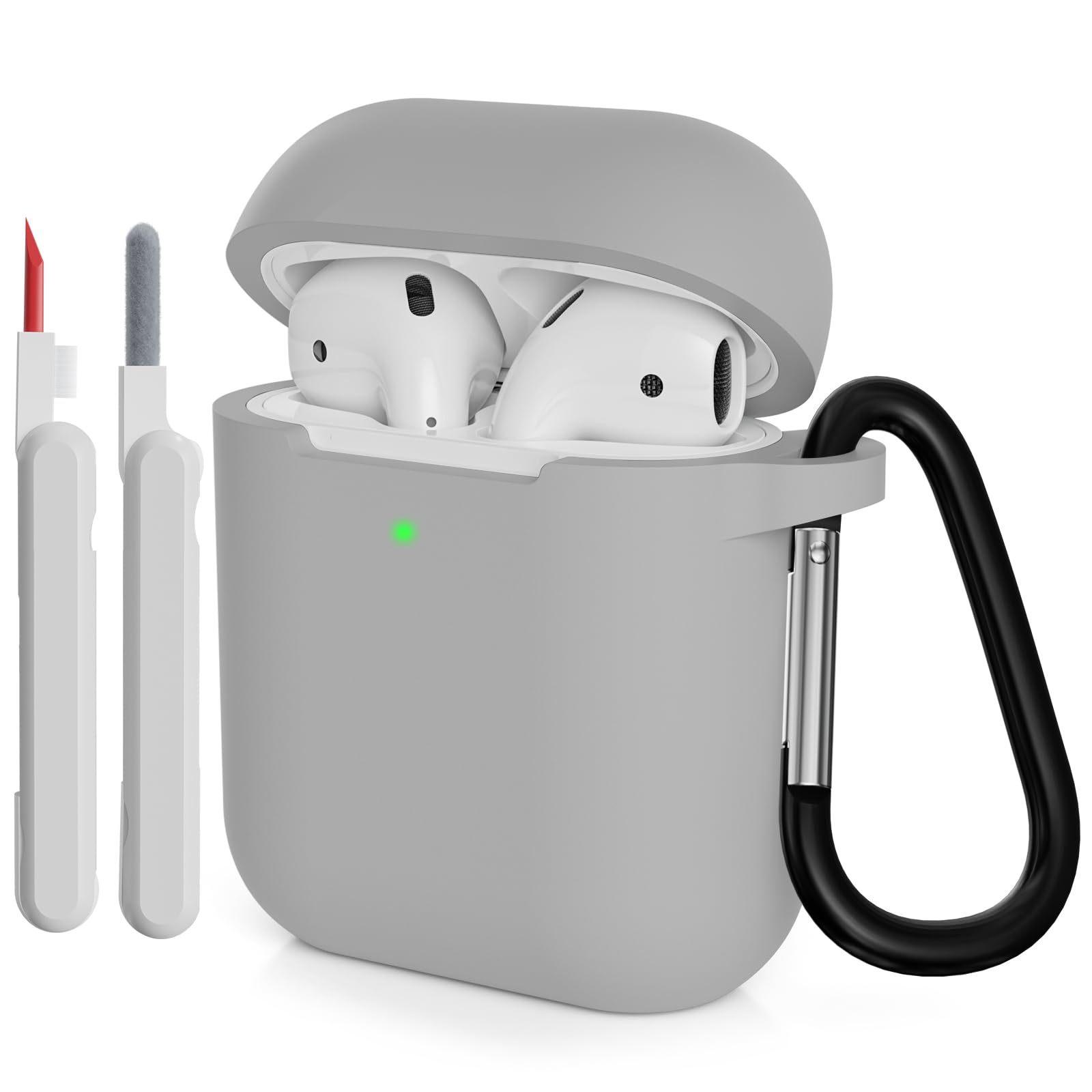 KOKOKA Case Cover Compatible with Airpods 2 with Cleaner kit, Premium Soft Silicone Skin Case Cover Shock Absorbing Protective Case for Airpods 2nd Generation with Carabiner, Grey