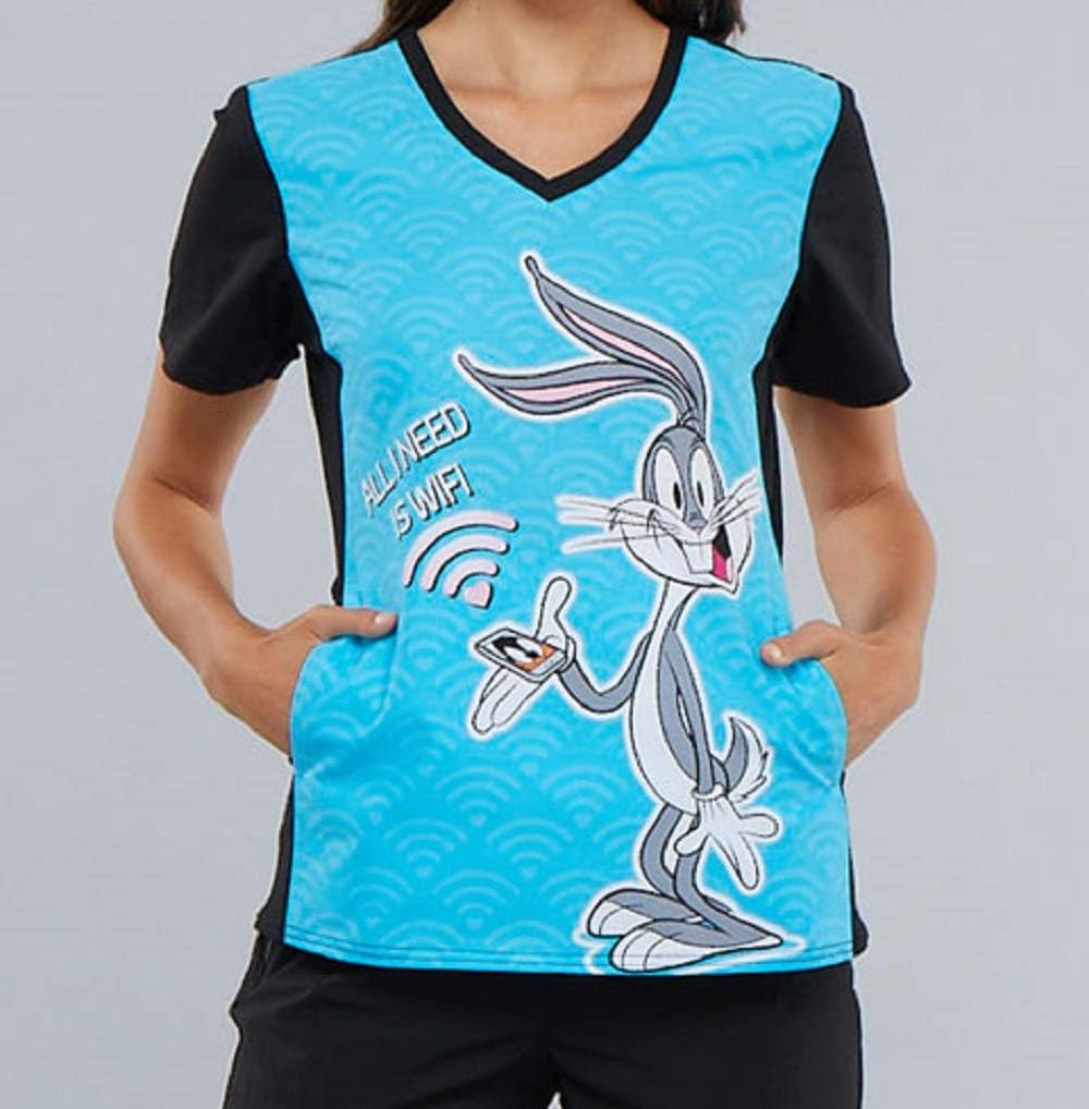 TF670 LTWF XS Cherokee Tooniforms Women's V-Neck Knit Panel Top Bugs WiFi Looney Tunes