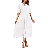 PRETTYGARDEN Women's Summer Long Dress Short Sleeve Lapel Casual Ruffle Flowy Maxi Dresses (Solid White,X-Large)