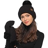 C.C Women Waffle Knit Fuzzy Sherpa Lined Pom Beanie & Mitten Winter Gloves Set