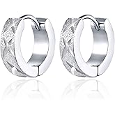 BIYONGDE Mens Womens Huggie Hinged Hoop Earrings with Laser X Cross, Stainless Steel, Classic Bling