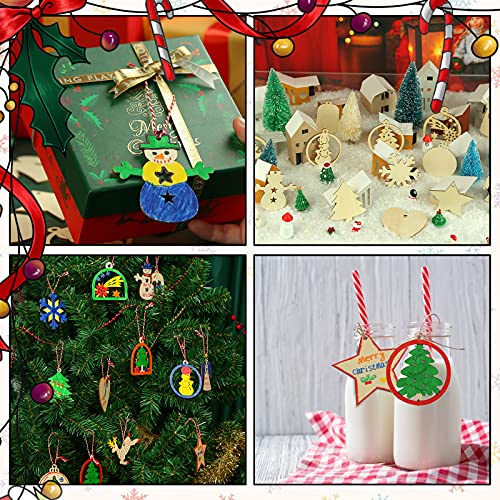 Koogel 70 Pcs Unfinished Christmas Wooden Ornaments，14 Styles Wooden Christmas Ornament Unfinished Blank Wood Slices for Decorate Christmas Tree Fireplace Windows