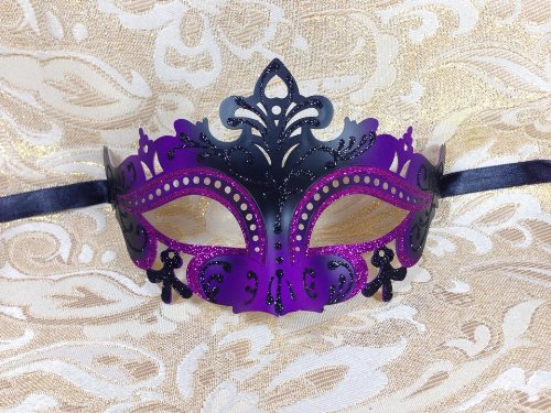 Venetian Impression Purple and Black Swan Laser Cut Masquerade Mask - Vibrantly Decorated with Glitter