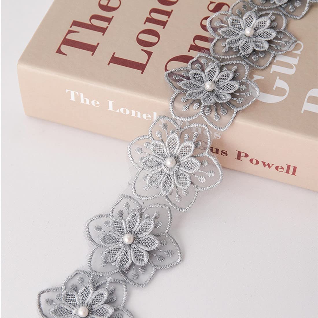 xingmo 2 Meters Vintage Pearl Lace Edge Trim Ribbon Edging Trimmings Fabric Sew On Floral Embroidered Applique Patch (Gery)