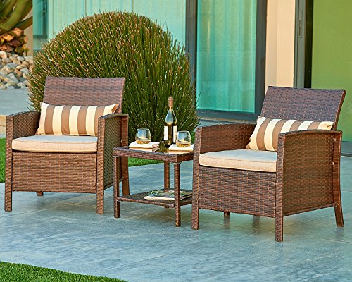 Suncrown Outdoor Modular Furniture Wicker Chairs with Glass Top Table (3-Piece Set) All-Weather | Thick, Durable Cushions | Porch, Backyard, Pool or Garden …