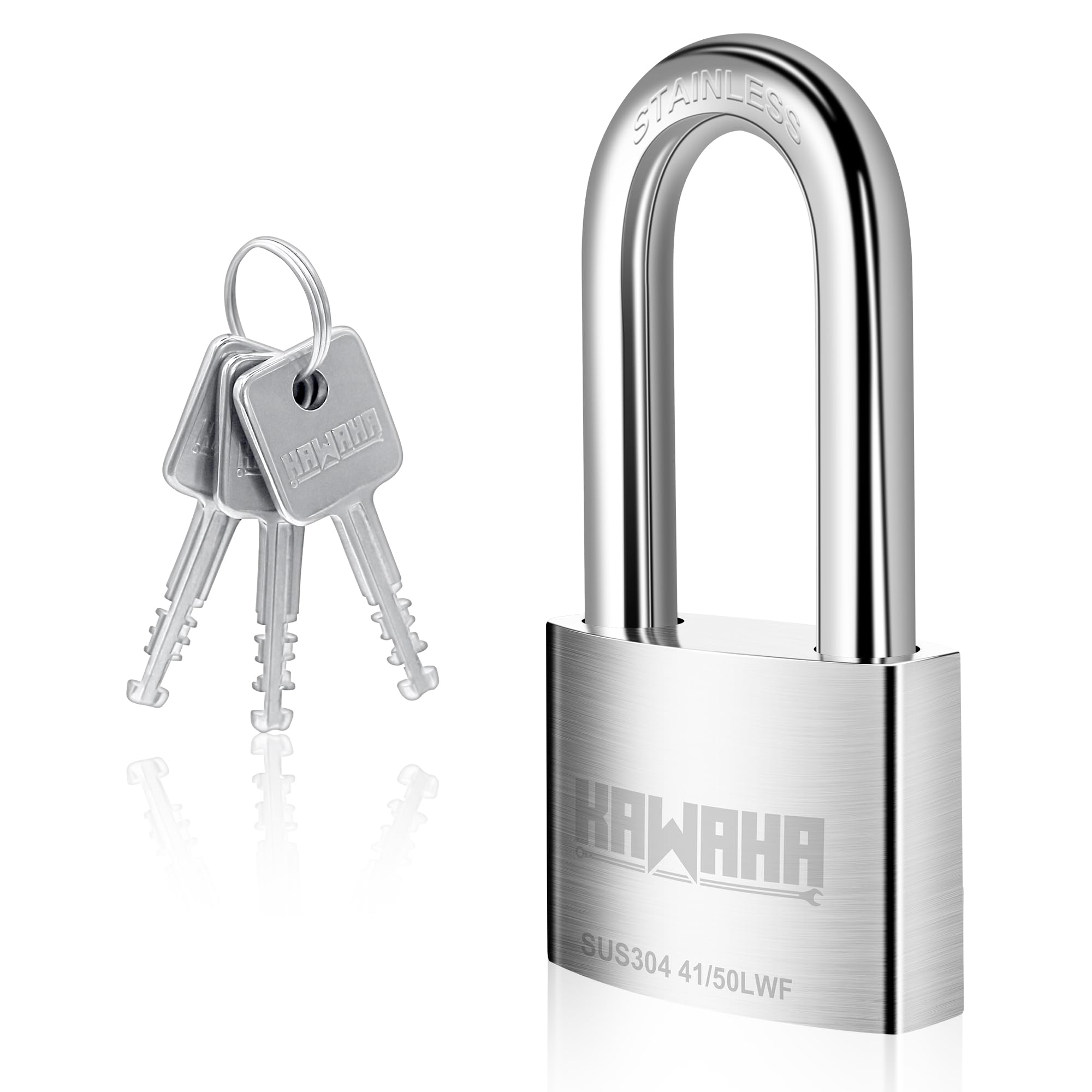 KAWAHA 41/50LKD-3SK 2 inch (50mm) Long Shackle High Security Stainless Steel Padlock with Key for Both Indoor and Outdoor use (Heavy Duty, Anti-Rust) (50mm, L - 3 Stainless Steel Keys)