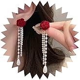 Yheakne Vintage Pearl Crystal Chandelier Earrings Red Velvet Rose Flower Earring Rhinestone Pearls Tassel Dangle Earring Gold Cz Chain Earrings Pearl Teardrop Earrings Jewelry for Women