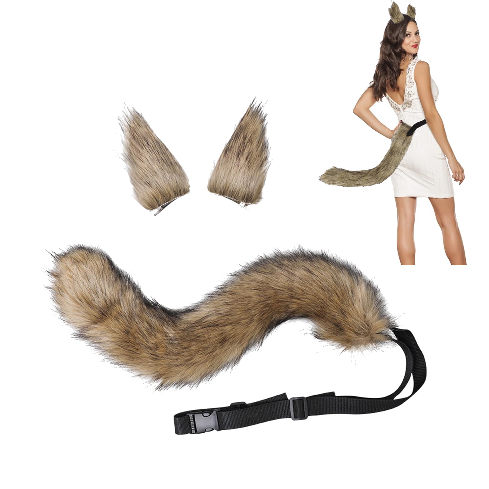 XGOPTS Faux Fur Shining Fox Cat Cosplay Costume Set Wolf Cat Ears Hair Clip and Animal Tail Kit Colorful Furry Fox Wolf Hair Hoop Long Tail Kit Animal Dress Up Fancy Dress Halloween Party Costume — image 1