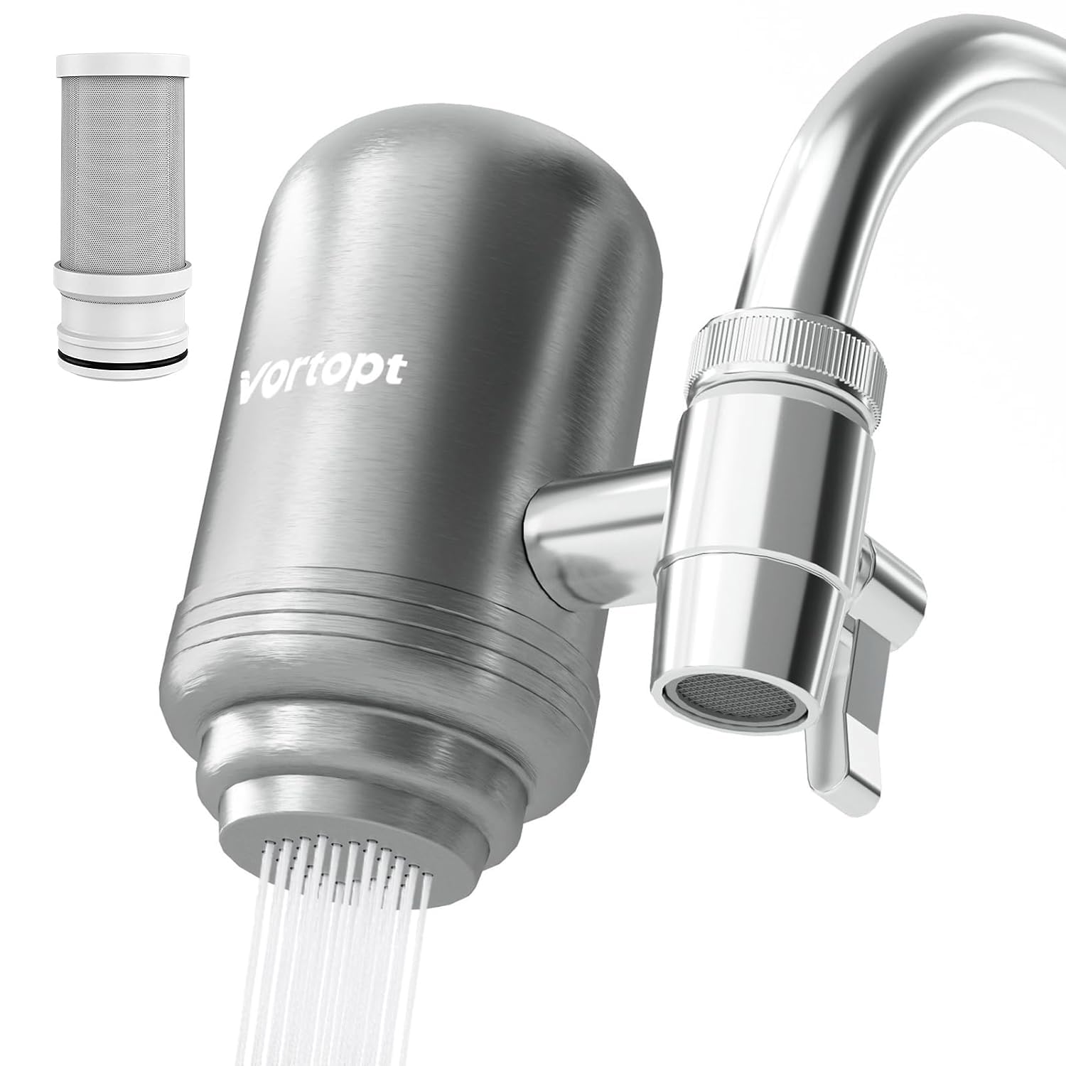 Vortopt Stainless Steel Faucet Water Filter for Sink - 500 Gallons Water Purifier for Faucet - Mount Tap Water Filtration System for Kitchen,Tub,Reduces Lead, Chlorine and Bad Taste,T2(1 Filter)