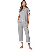 Anne Klein Womens Short Sleeve Button Down Pajama Top & Capri Pant Set - Soft Sweater Knit - Matching Sleepwear & Loungewear