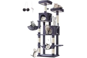 Taoqimiao Cat Tree, 66.2-Inch Cat Tower for Indoor Cats, Plush Multi-Level Cat Condo with 7 Scratching Posts, 2 Perches, 2 Caves, Hammock, 2 Pompoms, Smoky Gray MS013G
