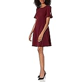 DKNY Womens Flounce Sleeve with Button Fit and Flare Dress