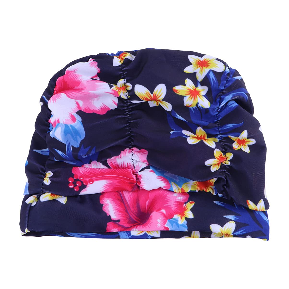 VORCOOL Women Swim Cap Waterproof Printing Flower Pleated Swim Cap New Elastic Ear Cloth Swimming Cap Ear Protector Elasticity Swimming Hat Sports Props (Blue and Red Flowers)