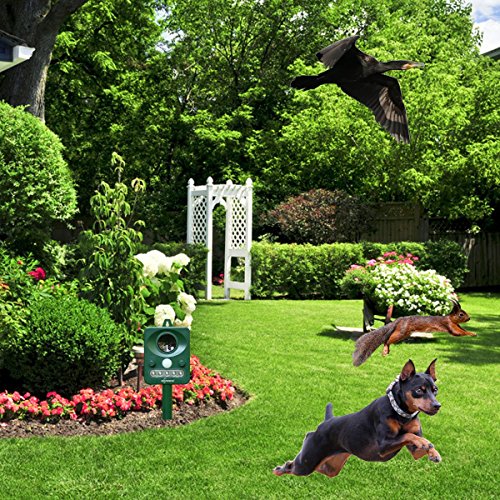 ZOVENCHI Solar Powered Ultrasonic Animal and Pests Repeller, Outdoor Weatherproof Repeller, Motion Activated with Flashing LED Light and Ultrasonic Sound (Harmless) to Repel Animal Away