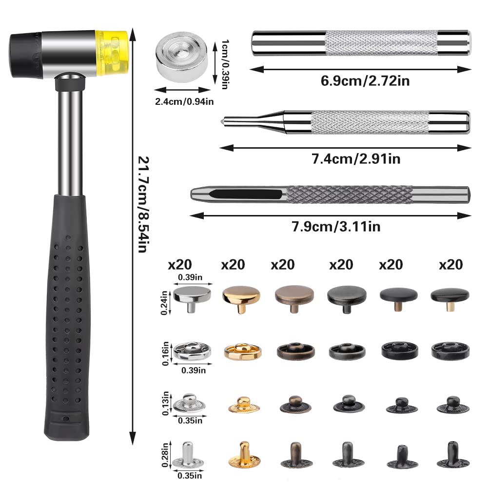 TLKKUE 120 Sets Snap Fasteners Kit, 10mm Snap Buttons with Rubber Hammer, 6 Color Metal Snap Buttons Press Studs with 4 Setting Tools, Snaps for Fabric, Clothes, Jackets, Jeans Wears, Bags, Leather