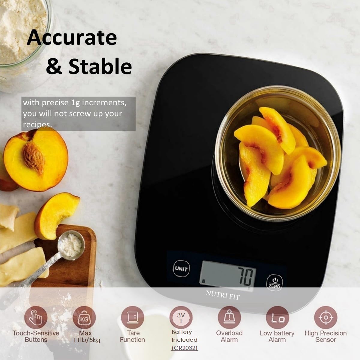 NUTRI FIT Food Scale for Kitchen Scales Digital Weight Grams and Ounces, Baking Scale Accurate for Weight Loss, Cooking, Coffee, Keto Diet, Meal Prep, 0.1oz Ultra Slim Smart Tare Black