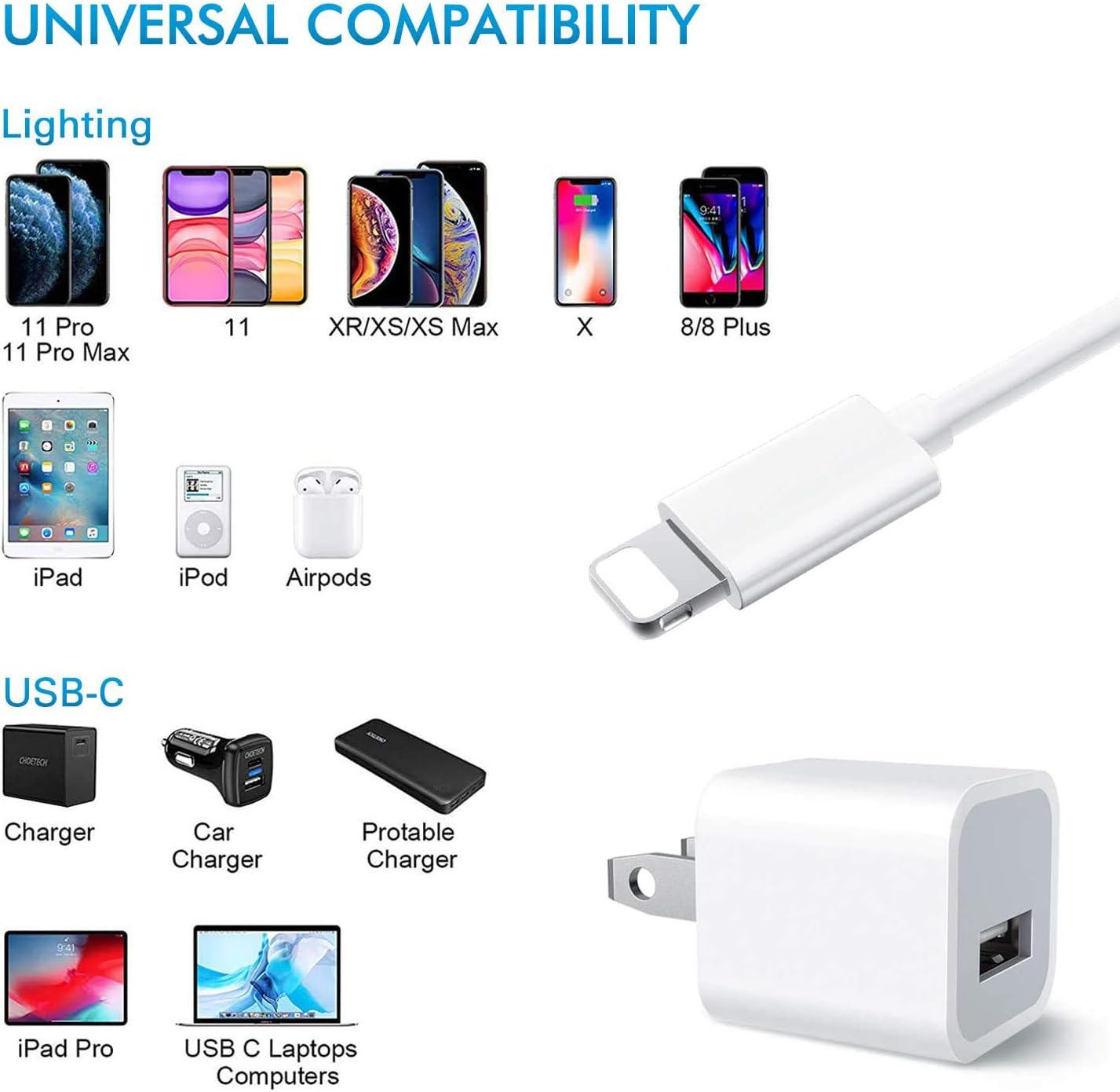(Apple MFi Certified)iPhone Charger,2Pack 5W Usb Power Adapter & Lightning to Usb Cable,3FT Lightning Cable Fast Charging Data Sync Transfer Cord with USB Plug Wall Charger for iPhone 11 XS XR X 8 7 6: Home Audio & Theater
