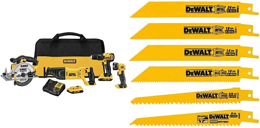 DEWALT 20V MAX Combo Kit, Compact 4-Tool (DCK423D2) & Reciprocating Saw Blades, Metal/Wood Cutting Set, 6-Piece (DW4856),Metallic