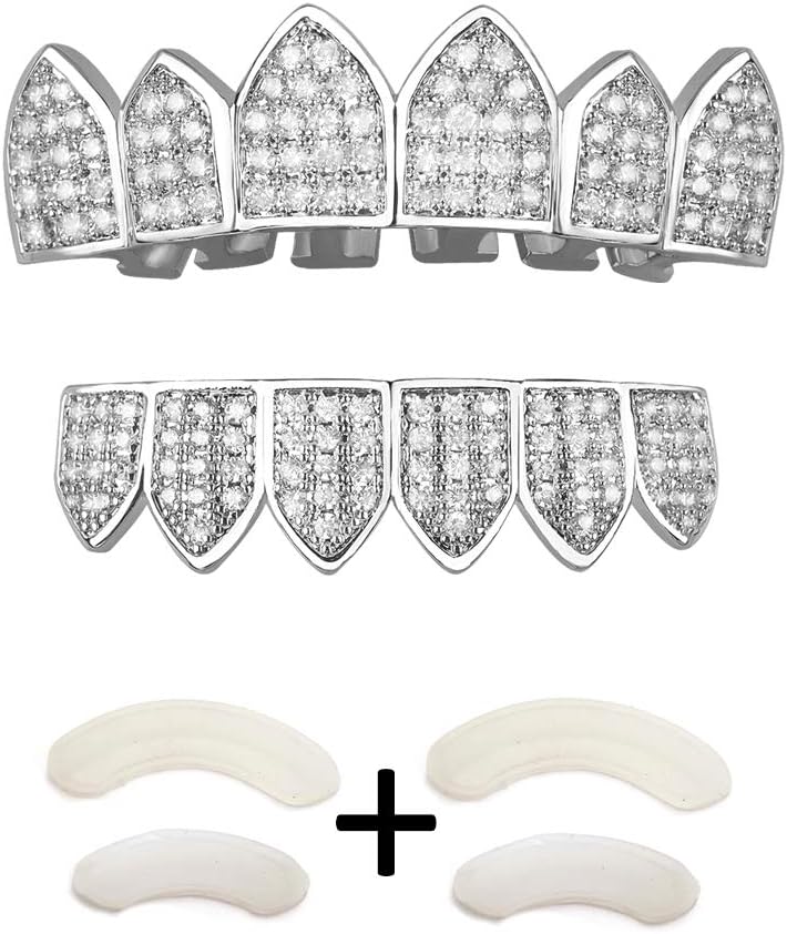 TSANLY Gold Grillz Teeth Set CZ Diamonds Grillz 24k Plated Gold Top & Bottom Grill Hip Hop Bling Iced Out Grillz for Son + Extra Molding Bars + Microfiber Cloth