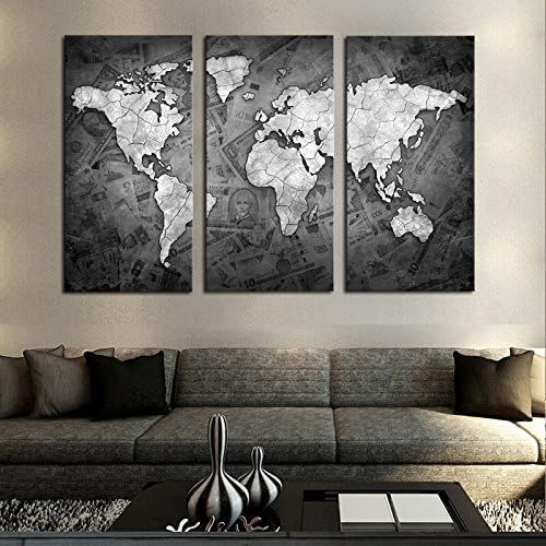 No framed/ With framed 3 Pcs Wall Art Grey Color Modern World Map Canvas Painting Contemporary Artwork Picture For Living Room ,Size 3,Unramed