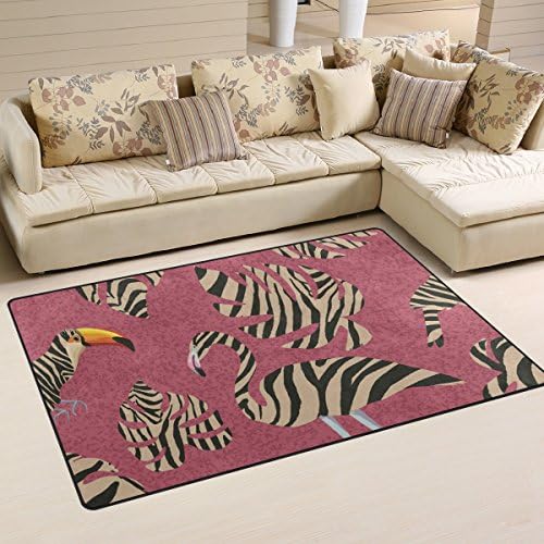 Yibaihe Lightweight Printed Area Rug Carpet Decorative Contemporary Flamingo And Toucan Zebra Style Water-Repellent Fade Resistant For Living Room Bedroom 153 x 100 cm (60 x39 in)