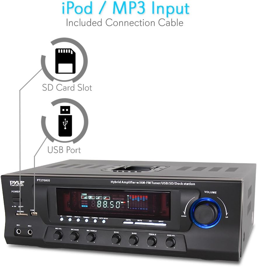 300W Digital Stereo Receiver System - AM/FM Qtz. Synthesized Tuner, USB/SD Card MP3 Player & Subwoofer Control, A/B Speaker, iPod/MP3 Input w/ Karaoke, Cable & Remote Sensor - PyleHome PT270AIU: Home Audio & Theater