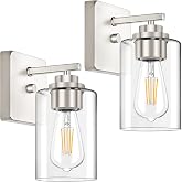 Set of 2 Wall Sconces for Bathroom, Brushed Nickel Vanity Light Fixtures | Modern Wall Mount Lighting Lanterns, Farmhouse Wall Lamps with Clear Glass Shade for Bedroom Living Room Mirror Hallway Porch