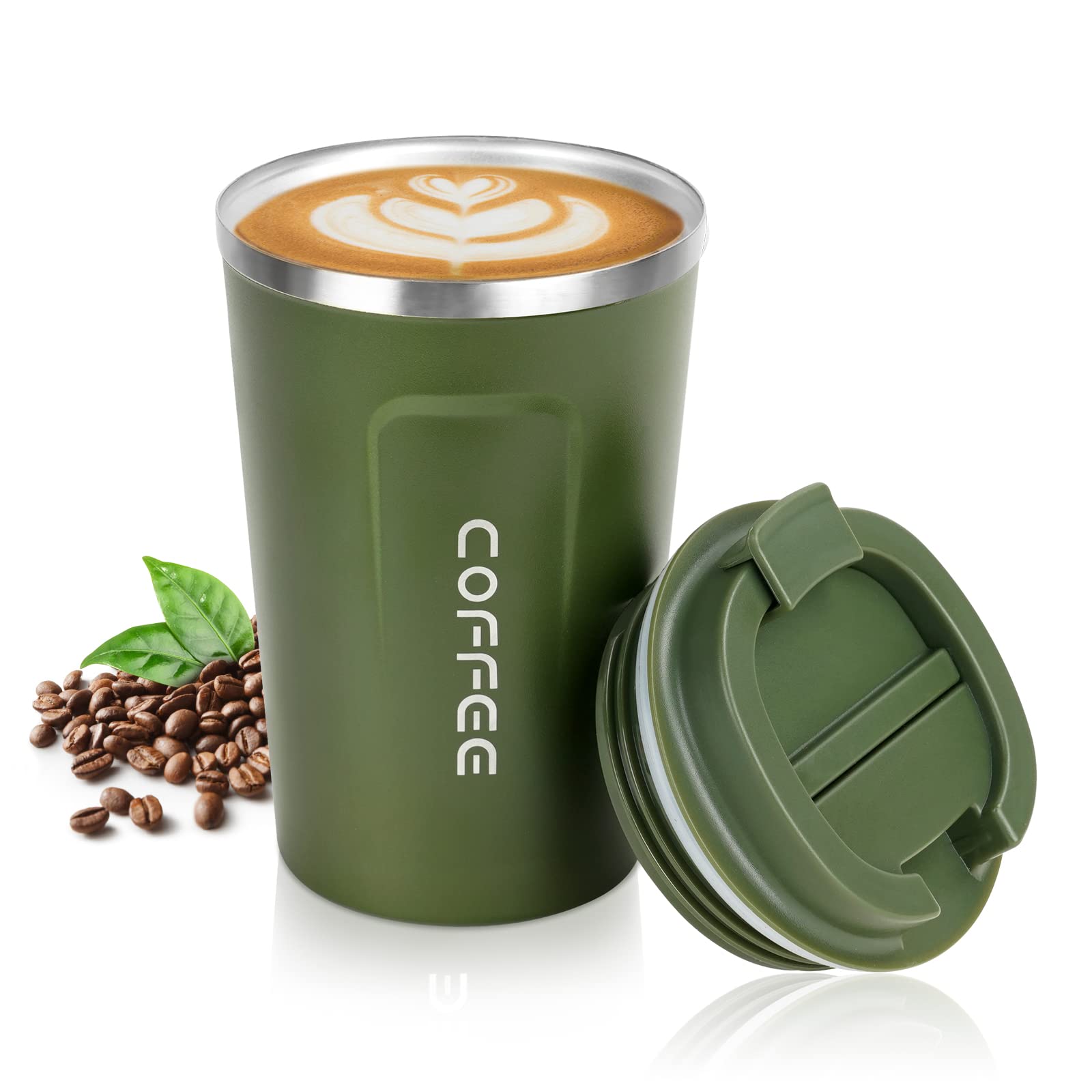 flintronic Coffee Cup, Insulated Coffee Mug with Leakproof Lid, Resuable Travel Mugs Cup for Cold & Hot Drinks (Green, 380, Millilitres)