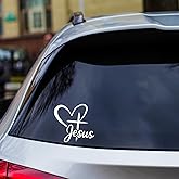 Christian Jesus Heart Cross Decal 7x6.7in – “Jesus” Handwritten Script with Heart and Cross – Waterproof Vinyl Sticker for Car Window, Laptop, Motorcycle – Removable Faith-Based Design