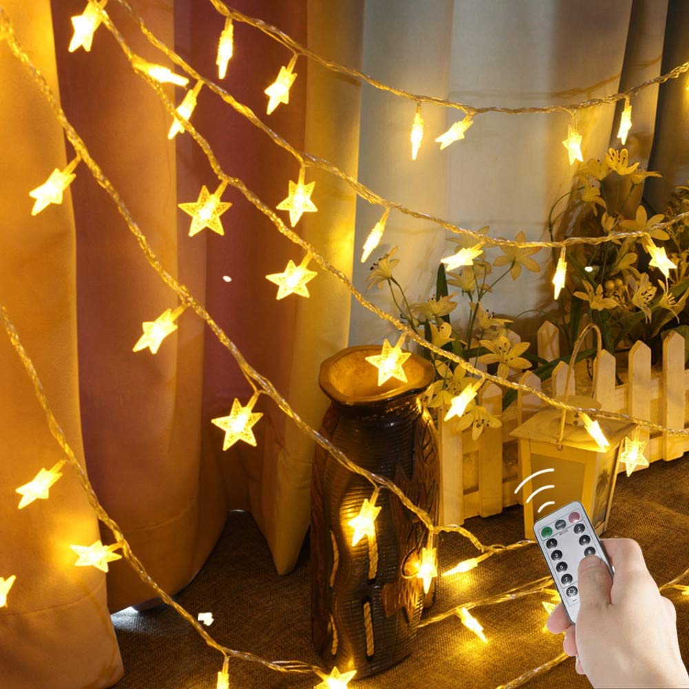 Sunboia 100 LEDs Star String Lights, 8 Mode LED Fairy Lights with USB Powered Decorative Lighting for Christmas Halloween Party Home Bedroom - Warm White