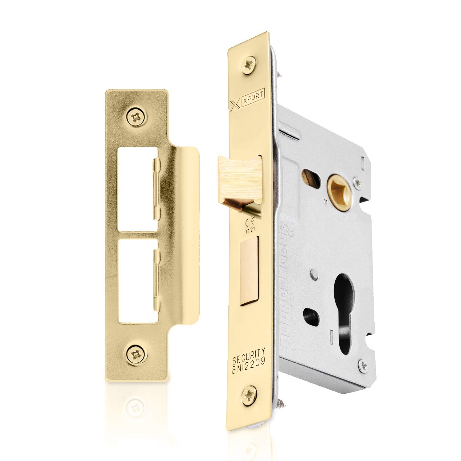 XFORT® Polished Brass Euro Profile Sashlock 65mm for Internal and External Doors, Latch Mechanism and Cylinder Key Locking Security, CE Approved and Fire Rated Protection