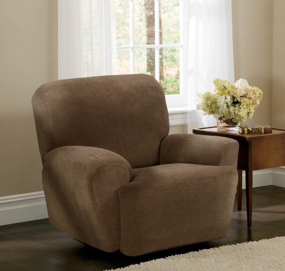 Single Piece Mocha Brown Recliner Chair Slipcover, Form Fitting Style, Solid Pattern, Polyester Spandex Fabric Material, Stretchy Construction, T-cushion, Machine Washable, Medium Brown