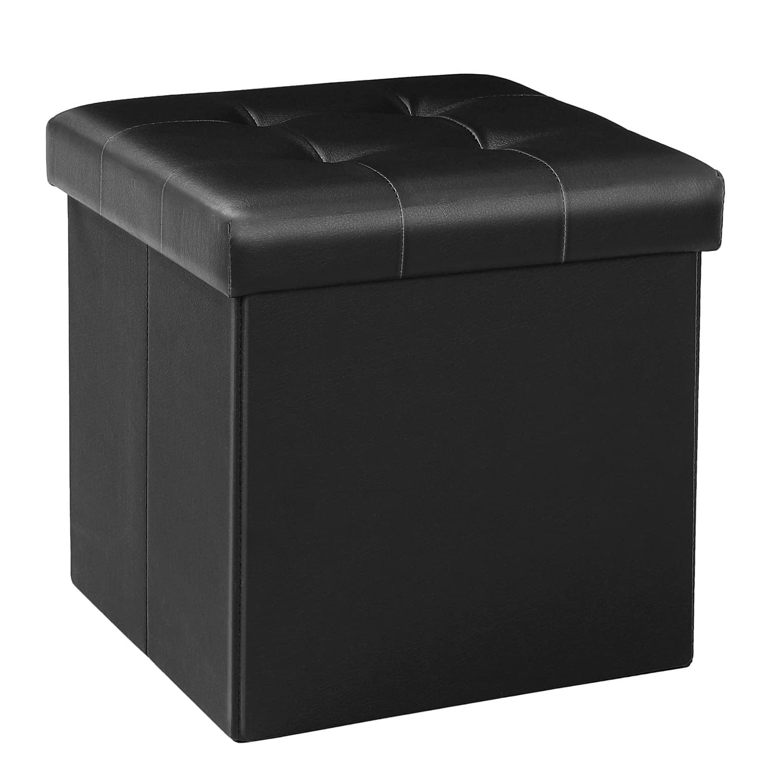 Bonlife Black Folding Storage Ottoman Box,Footstool Faux Leather Storage Box with Lid Toy Chest Cube Foot Rest Seat, 32x32x32cm