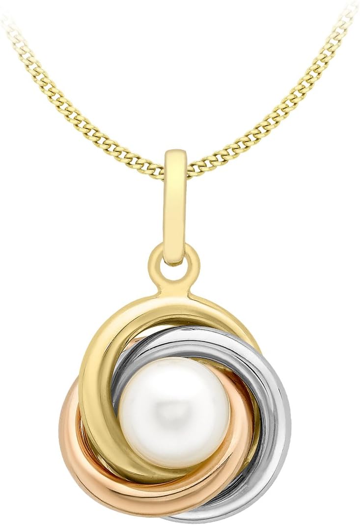 Carissima Gold Women's 9 ct Three Colour Gold Knot and Pearl Pendant with Chain of Length 46 cm