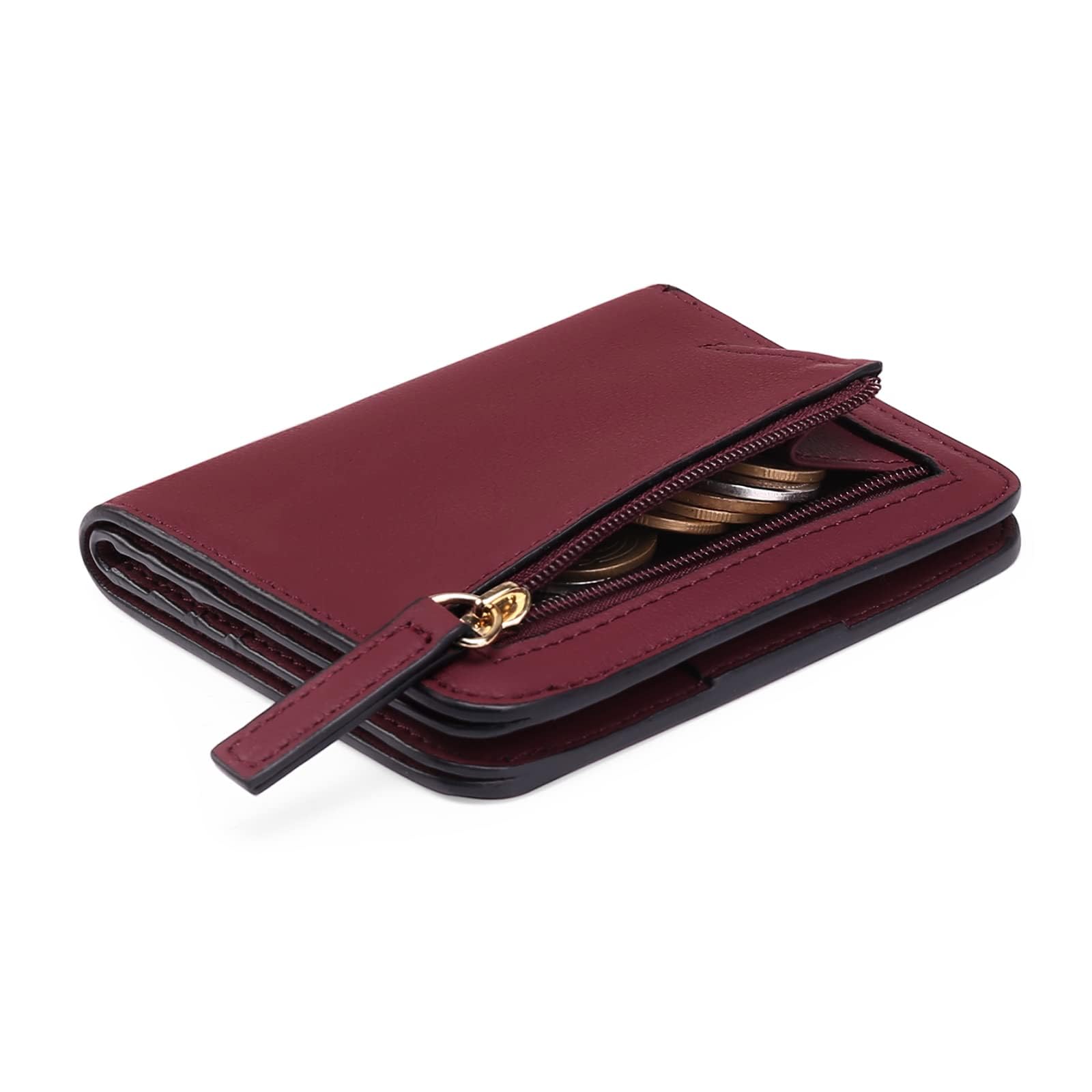 GAEKEAO Women's Wallet RFID Blocking Leather Compact Bi-fold Wallet for Woman Zipper Coin Pocket Small Ladies Purse with ID Window Wine Red