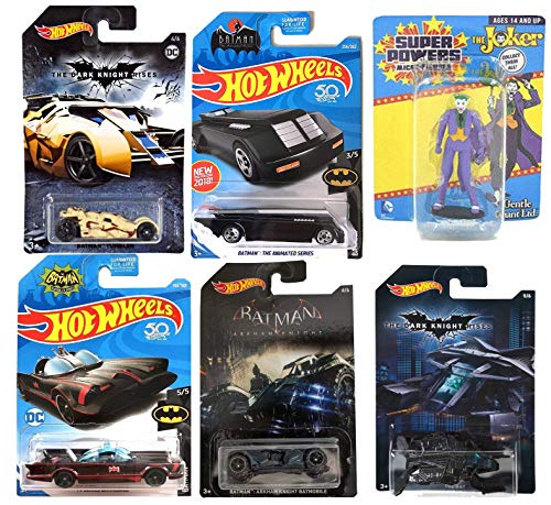 Hot Wheels Batman Batmobile 1:64 Diecast 5-Car Bundle Arkham Asylum, Tumbler, The Bat, Animated Series with Gentle Giant Super Powers 2