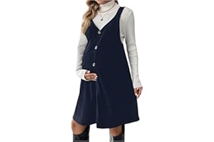 OYOANGLE Women's Maternity Button Front Sleeveless Dress V Neck Straight Pinafore Overall Dresses