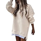 Linkpig Womens Side Zipper Slit Oversized Sweatshirt Crew Neck Pullover Tops Solid Color Patchwork Trendy Sweatshirts