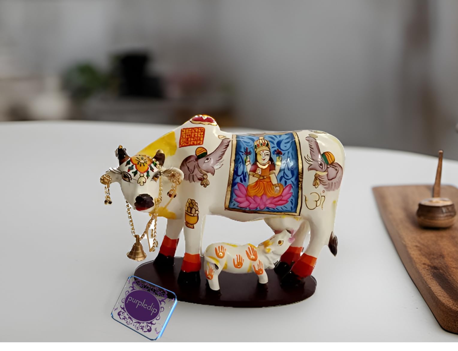Purpledip Resin Idol Kamdhenu Wish Cow & Calf: Hindu Godess Lakshmi Mahalaxmi Painted Good Luck Statue (10103E)