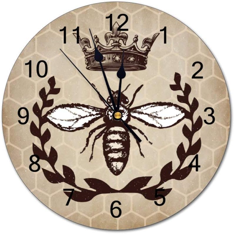No branded Wooden Wall Clock Silent Non-Ticking Quartz 12 Inch Round Clock Battery Operated Cartoon Queen Bee Olive Branch Beige Home Office Classroom School Clock