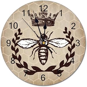 No branded Wooden Wall Clock Silent Non-Ticking Quartz 12 Inch Round Clock Battery Operated Cartoon Queen Bee Olive Branch Beige Home Office Classroom School Clock