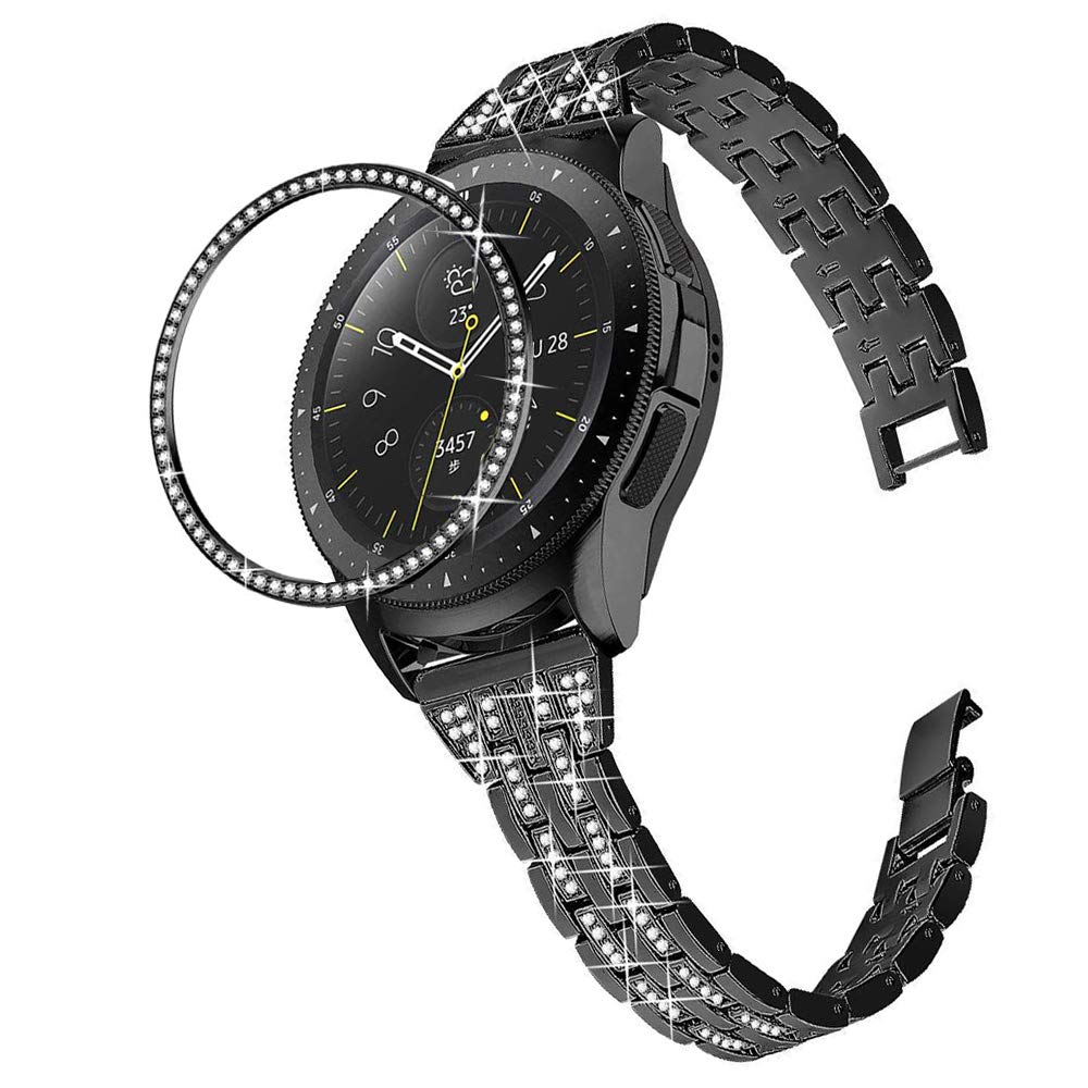DEALELE Strap Compatible with Samsung Gear Sport / Galaxy Watch 42mm / Galaxy 4 Classic (42mm), 20mm Luxury Rhinestone Diamond Metal Bracelet with Bezel Ring Cover Replacement for Women Men, Black