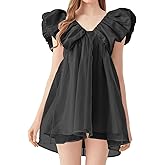 Women's Mini Dress V-Neck Short Sleeve Flared Tulle Party Dress (Black, Purple, Pink, S-L)