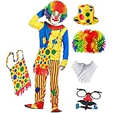 Funny Clown Costume Set Adult Teens 7pcs Colorful Jumpsuit with Curly Wig Glasses Dot Bag Hat Halloween Party Outfit
