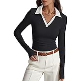 Prettywear Womens Long Sleeve Polo Shirts Business Casual Work Top Blouse Fitted Collared V Neck 2026 Spring Fashion Clothing