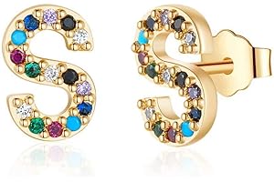 Memorjew Initial Stud Earrings for Girls Women, Hypoallergenic 925 Sterling Silver Post Rainbow Cubic Zirconia Gold Plated 26 Initial Earrings for Girls Women Jewelry Gifts